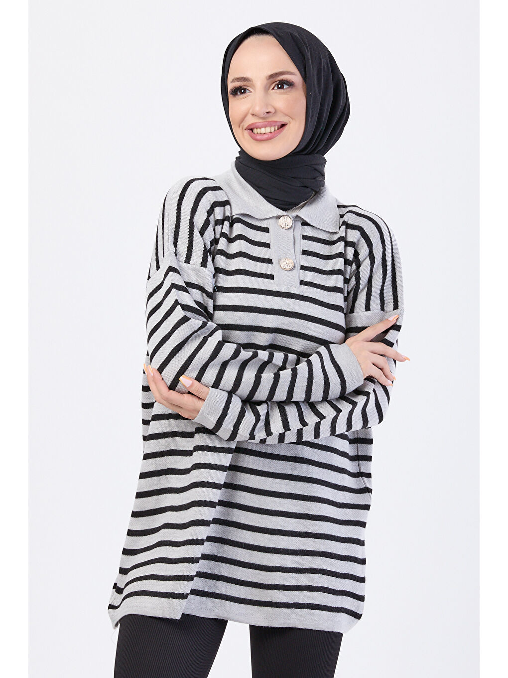 Çift Düğmeli Çizgili Triko Kazak Gri - 27628-1