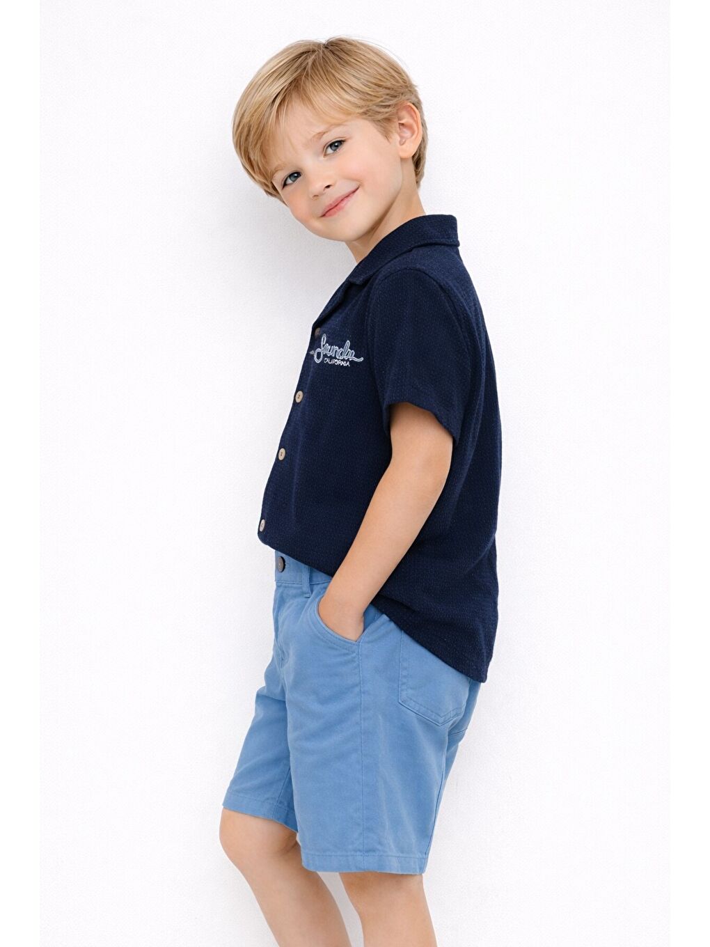 Lacivert Tarz Gömlekli Belden Ayarlanabilir Kısa Kollu Şortlu 2'li Takım-2