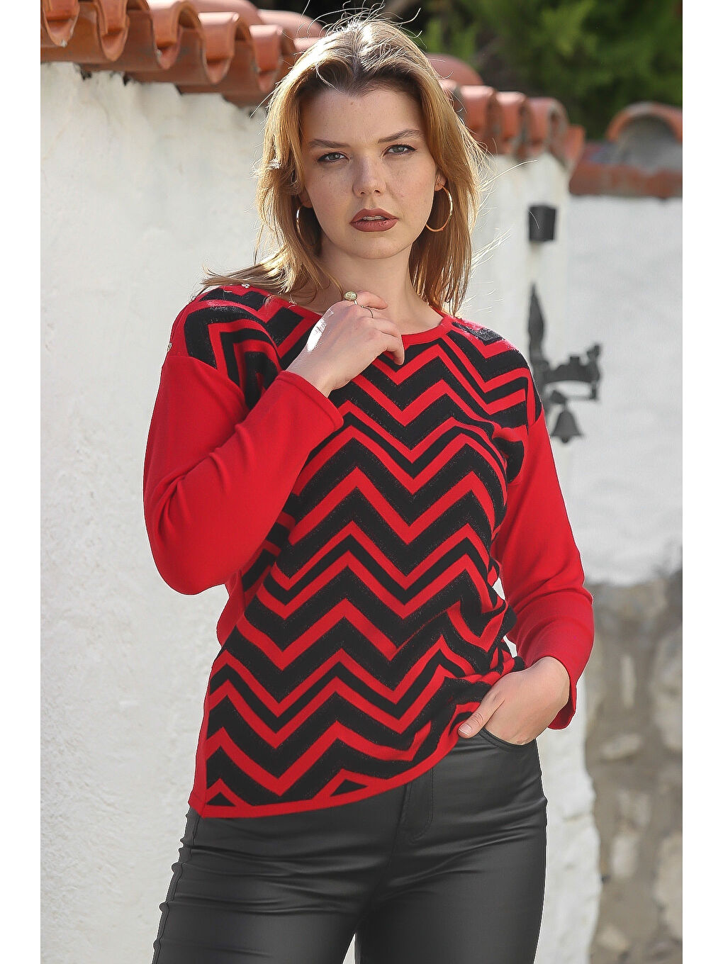 Kırmızı Kayık Yaka Uzun Kol Zigzag Desenli Casual Triko Kazak 65 60