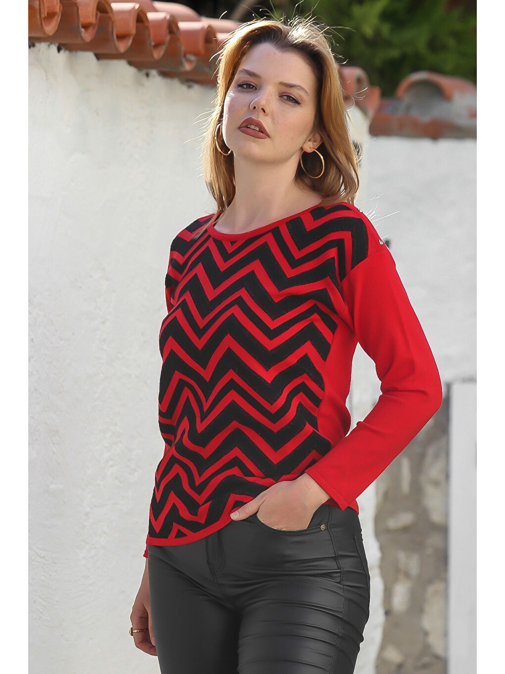 Kırmızı Kayık Yaka Uzun Kol Zigzag Desenli Casual Triko Kazak 65 60-1