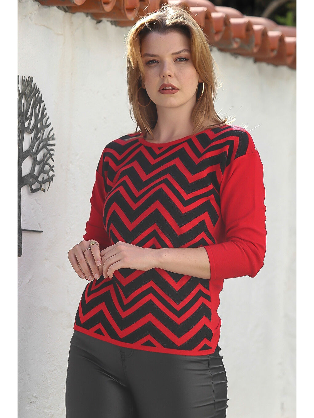 Kırmızı Kayık Yaka Uzun Kol Zigzag Desenli Casual Triko Kazak 65 60-2