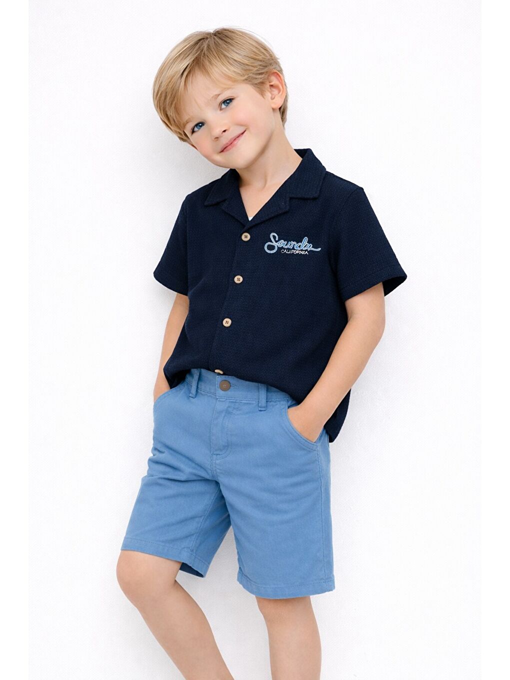 Lacivert Tarz Gömlekli Belden Ayarlanabilir Kısa Kollu Şortlu 2'li Takım-3