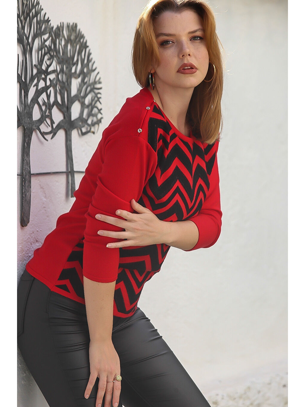 Kırmızı Kayık Yaka Uzun Kol Zigzag Desenli Casual Triko Kazak 65 60-4