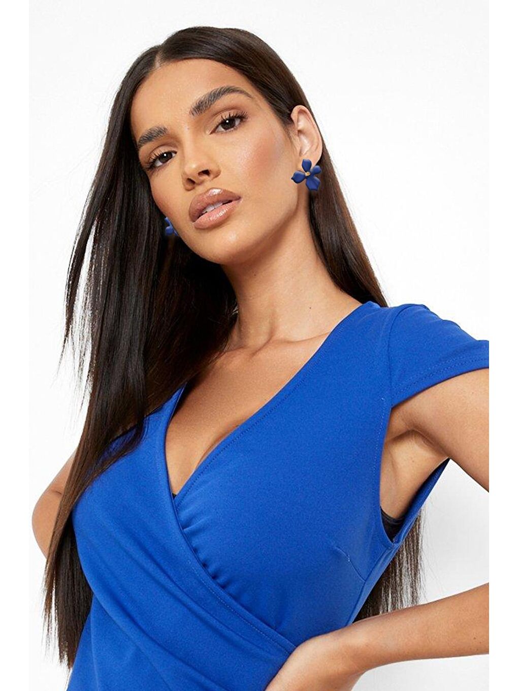 Lacivert Zarif Çiçekli Çivi Küpe-1