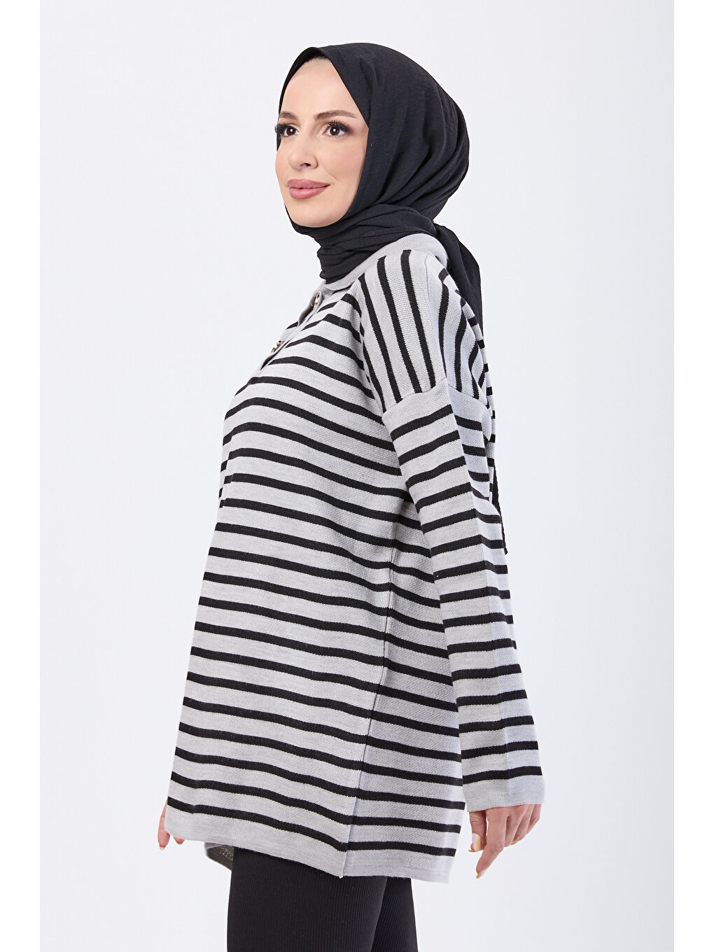 Çift Düğmeli Çizgili Triko Kazak Gri - 27628-2