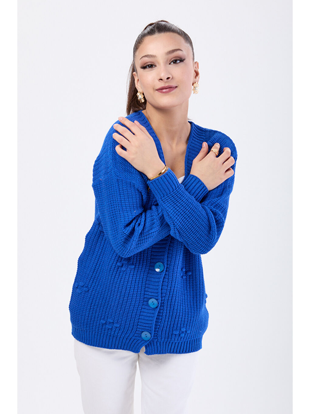 Mavi Kabarcıklı Düğmeli Triko Hırka Saks - 27658-1