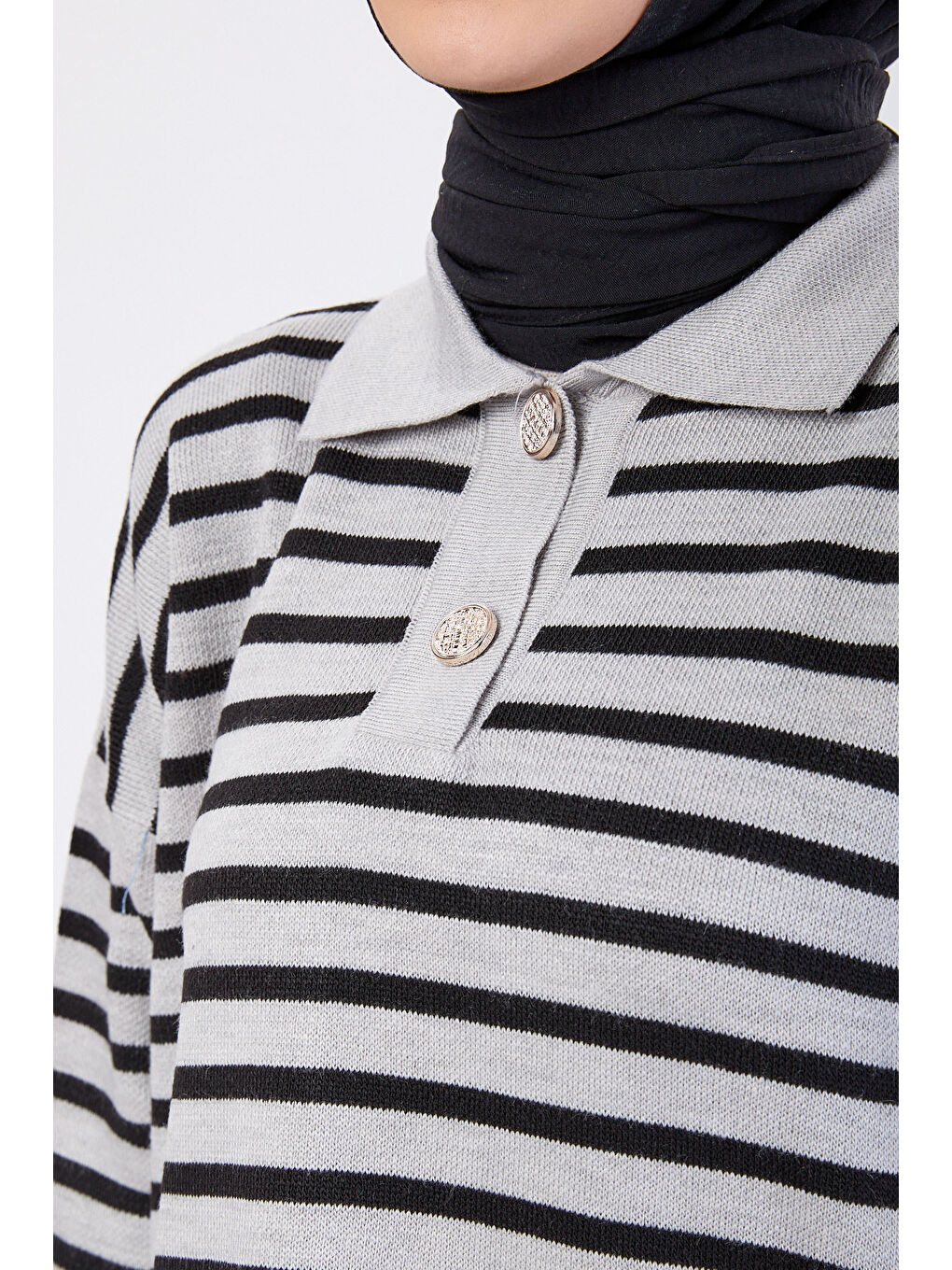 Çift Düğmeli Çizgili Triko Kazak Gri - 27628-3