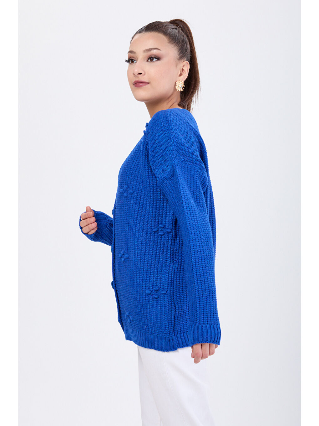 Mavi Kabarcıklı Düğmeli Triko Hırka Saks - 27658-2