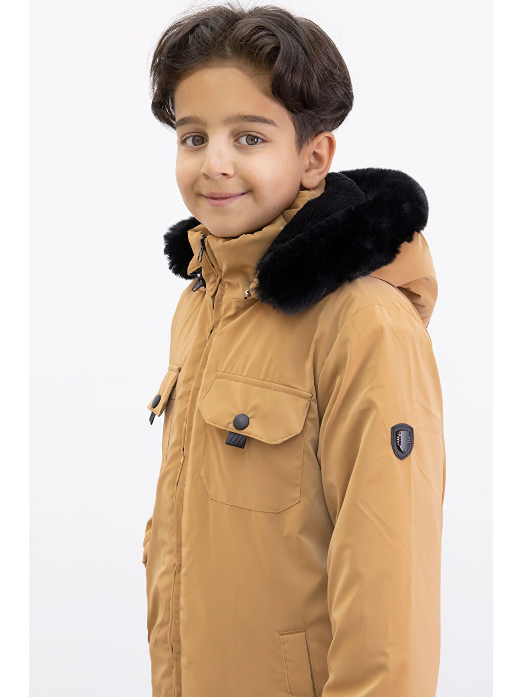 Sarı Hardal Çıtçıtlı Göğüs Cepli İçi Kürklü Erkek Çocuk Kapüşonlu Mont 21351-2