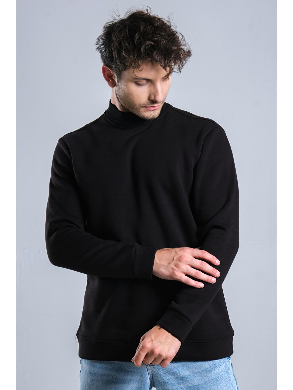 Siyah Balıkçı Yaka Şardonlu 3 İplik Sweat MAR ÖR325-2