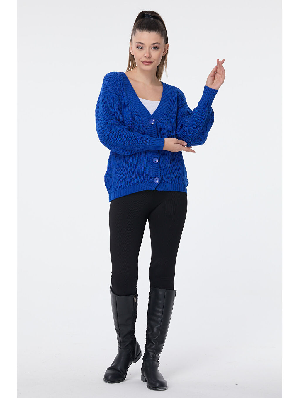 Mavi Düğmeli Mini Triko Hırka Saks - 27626-2