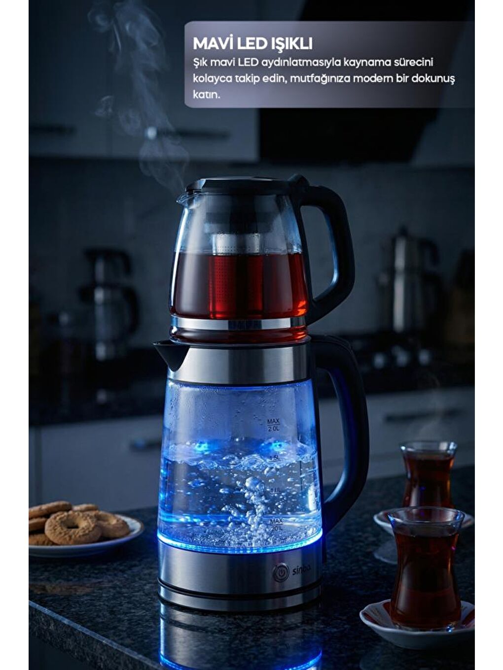 STM-5990 2’si 1 Arada Çay Makinesi ve Kettle 2.0 L + 1.2 L Cam Demlik-1