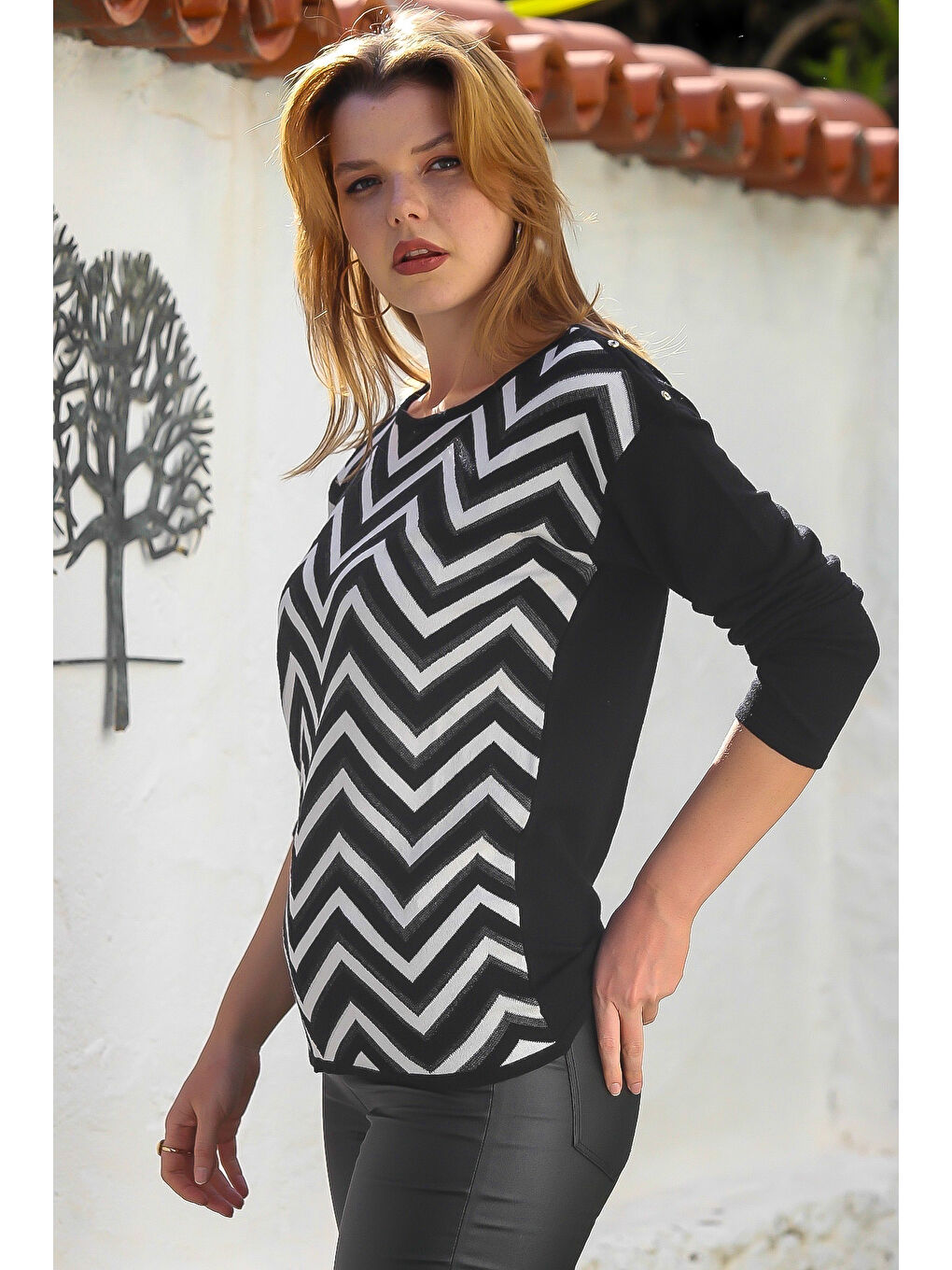 Siyah Kayık Yaka Uzun Kol Zigzag Desenli Casual Triko Kazak 65 60-1