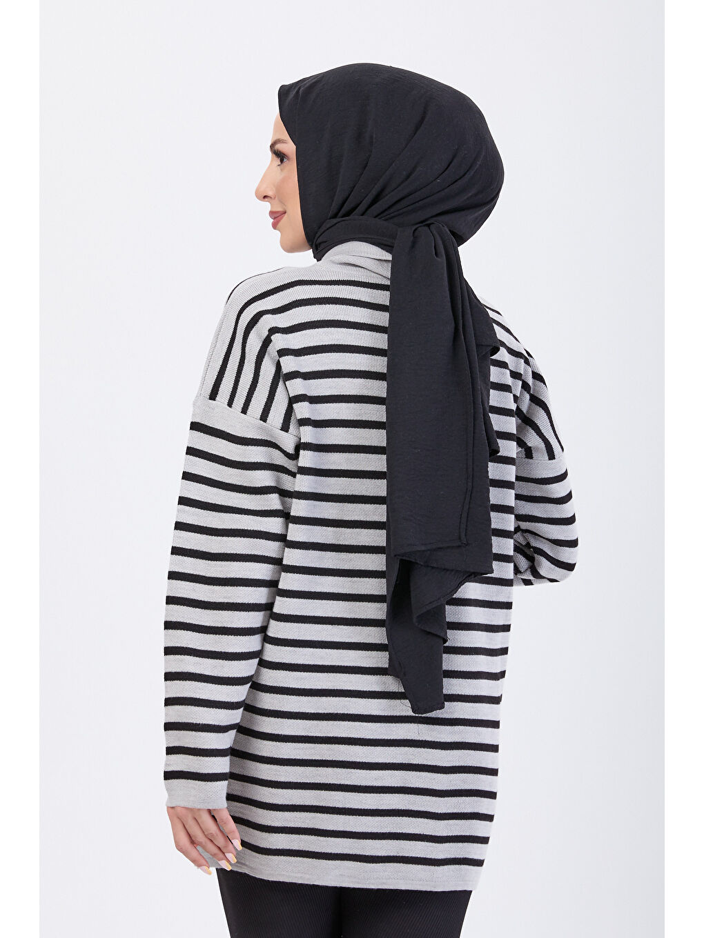 Çift Düğmeli Çizgili Triko Kazak Gri - 27628-4