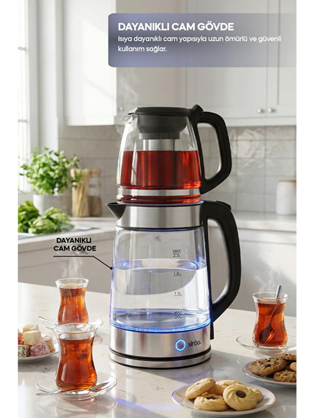 STM-5990 2’si 1 Arada Çay Makinesi ve Kettle 2.0 L + 1.2 L Cam Demlik-2