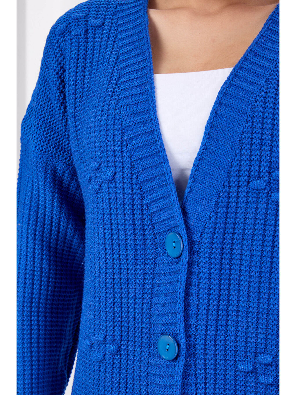 Mavi Kabarcıklı Düğmeli Triko Hırka Saks - 27658-3