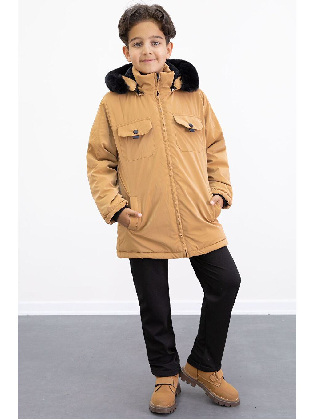 Sarı Hardal Çıtçıtlı Göğüs Cepli İçi Kürklü Erkek Çocuk Kapüşonlu Mont 21351-3