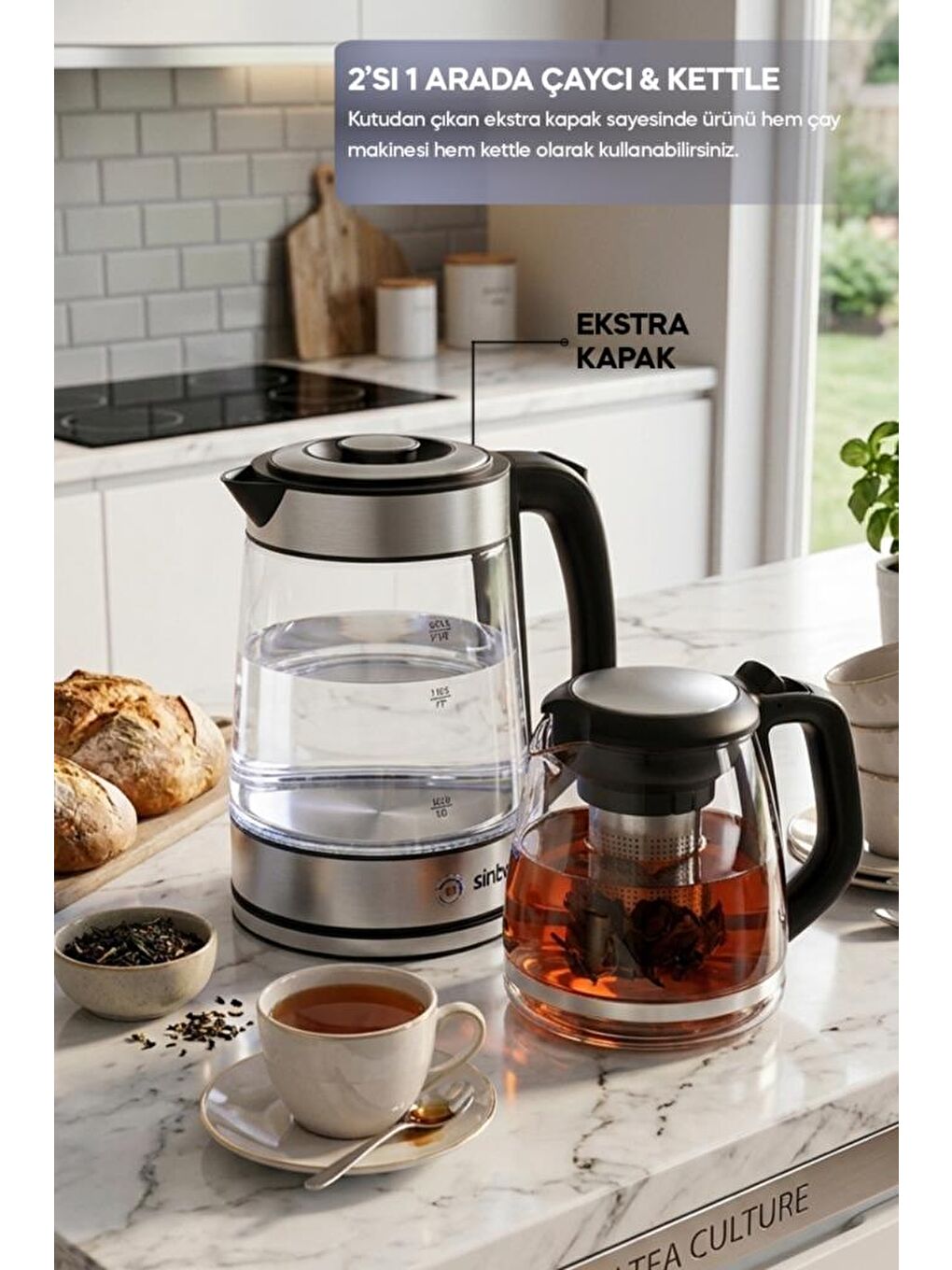 STM-5990 2’si 1 Arada Çay Makinesi ve Kettle 2.0 L + 1.2 L Cam Demlik-3