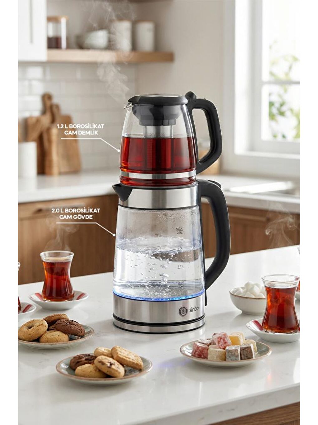 STM-5990 2’si 1 Arada Çay Makinesi ve Kettle 2.0 L + 1.2 L Cam Demlik-5