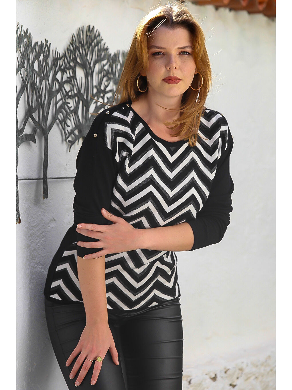 Siyah Kayık Yaka Uzun Kol Zigzag Desenli Casual Triko Kazak 65 60-3