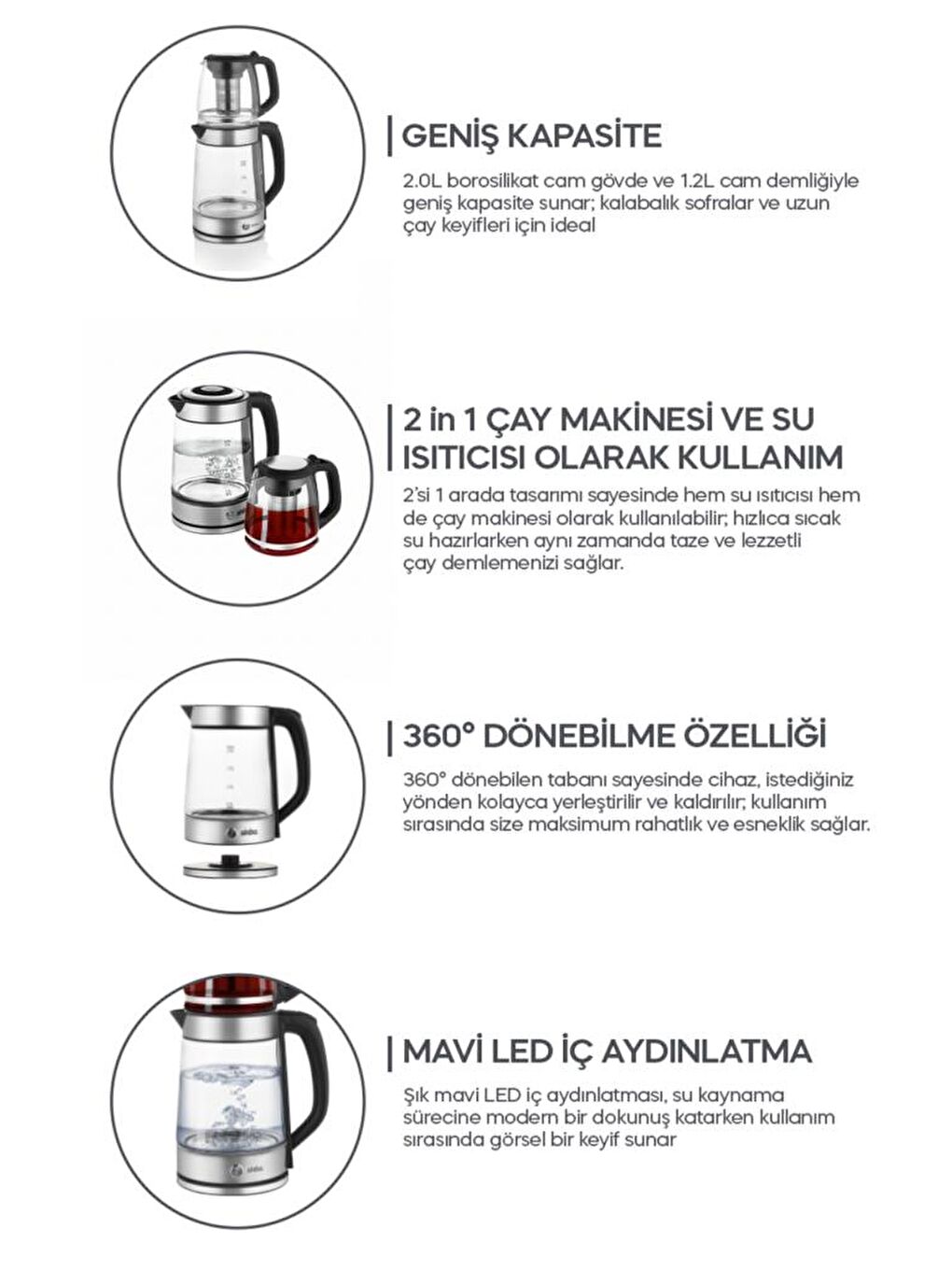STM-5990 2’si 1 Arada Çay Makinesi ve Kettle 2.0 L + 1.2 L Cam Demlik-6