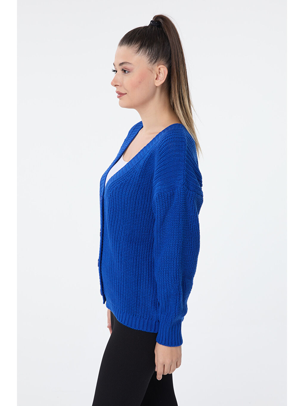 Mavi Düğmeli Mini Triko Hırka Saks - 27626-5