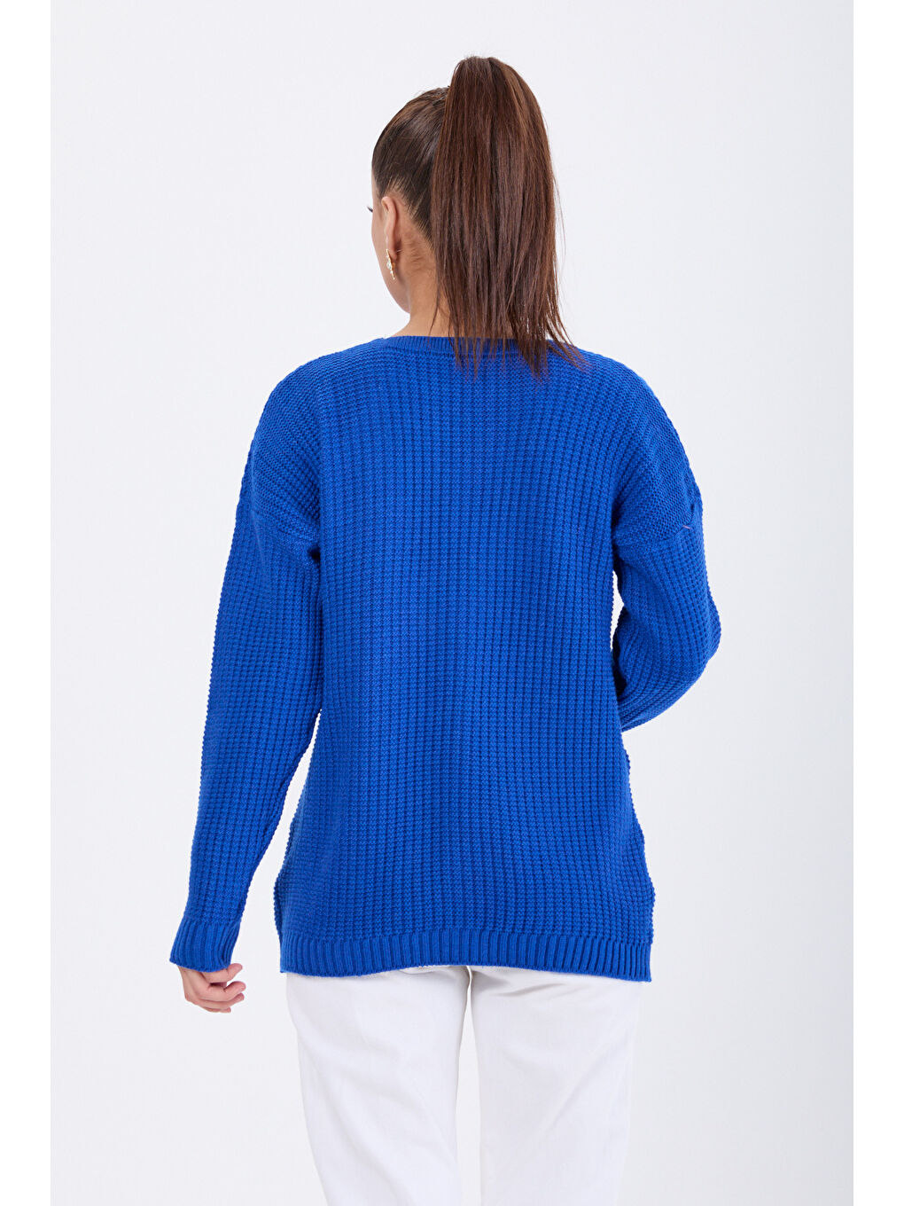 Mavi Kabarcıklı Düğmeli Triko Hırka Saks - 27658-4