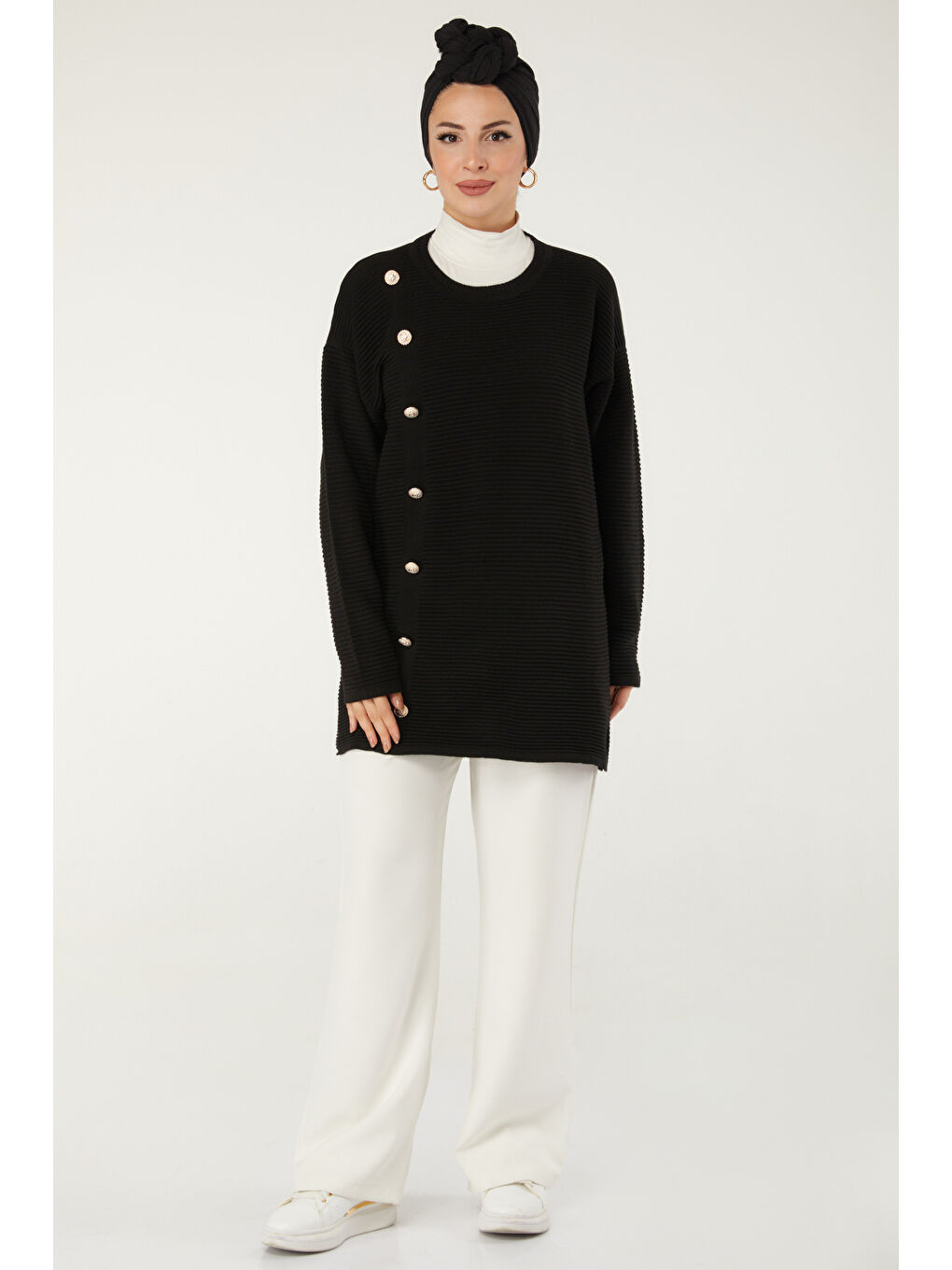 Fitilli Düğmeli Triko Kazak Siyah - 27636