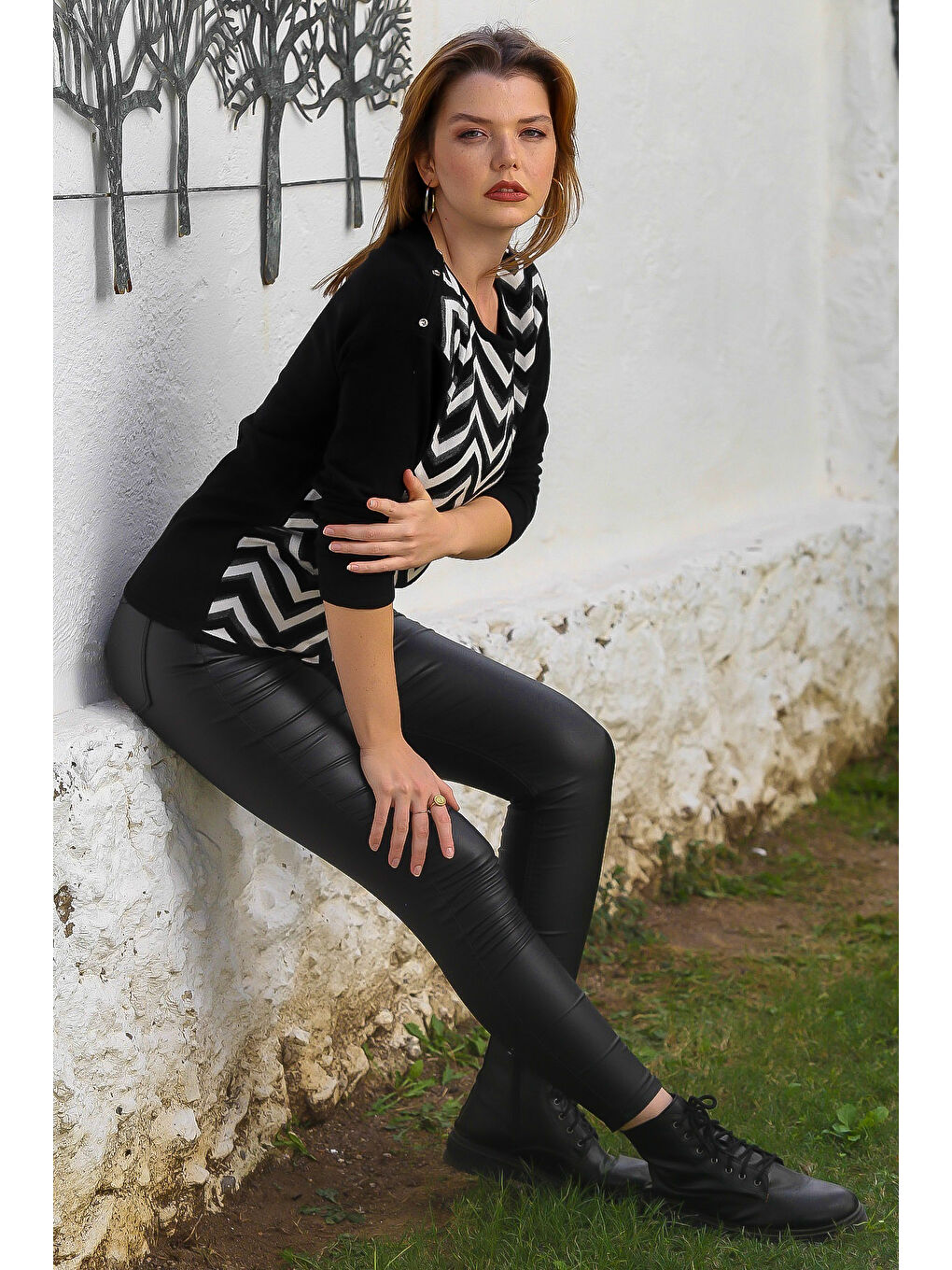 Siyah Kayık Yaka Uzun Kol Zigzag Desenli Casual Triko Kazak 65 60-4