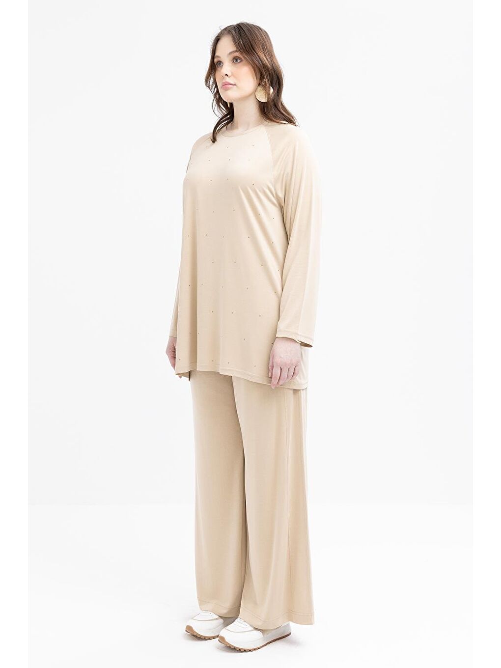 Bej-Taş Baskılı Büyük Beden Tunik-1