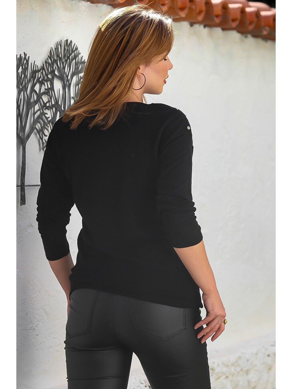 Siyah Kayık Yaka Uzun Kol Zigzag Desenli Casual Triko Kazak 65 60-5