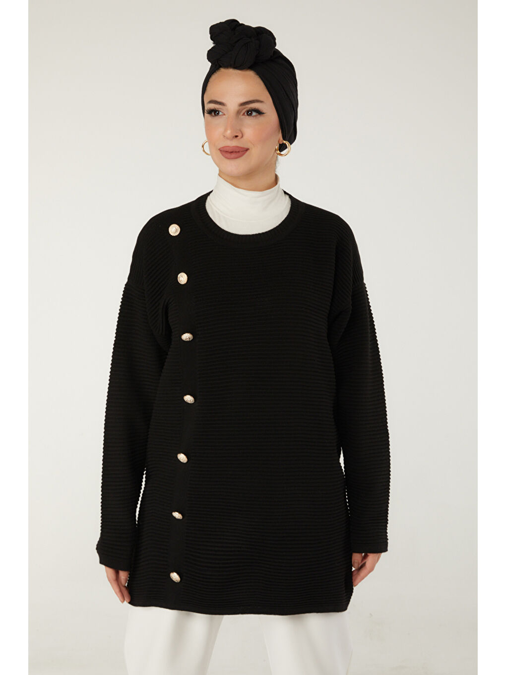 Fitilli Düğmeli Triko Kazak Siyah - 27636-1