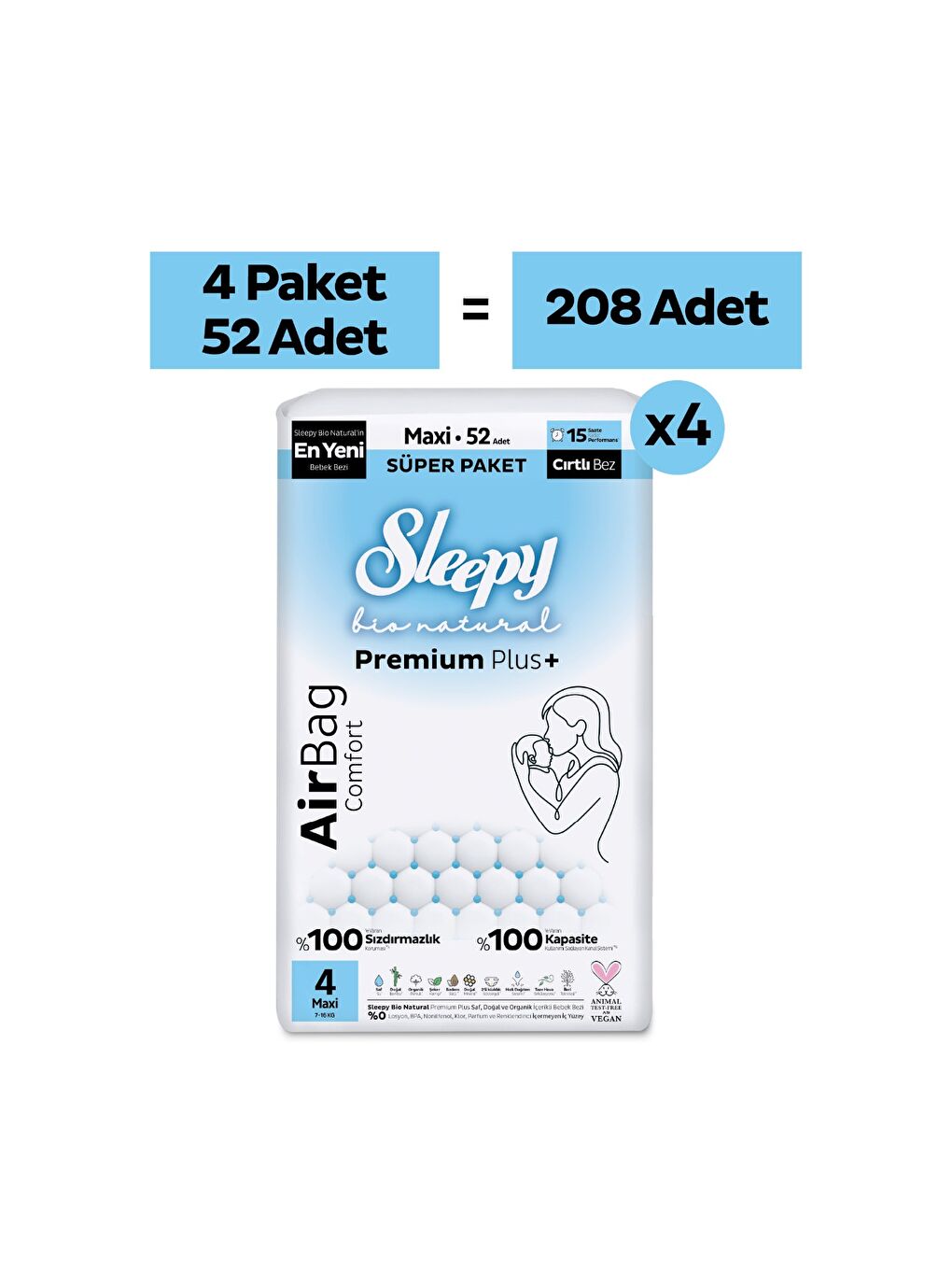 Bio Natural Premium Plus Airbag Comfort Ultra Paket Bebek Bezi 4 Numara Maxi 208 Adet-1