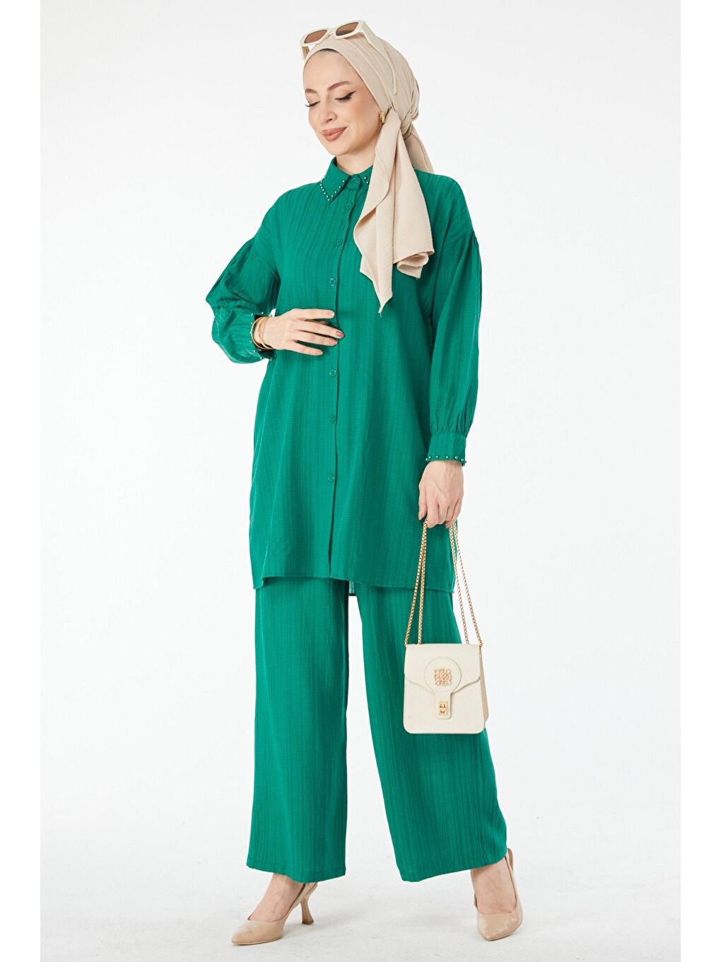 Gömlek Yaka Kadın Yeşil Boncuk Detaylı İkili Takım - 24505