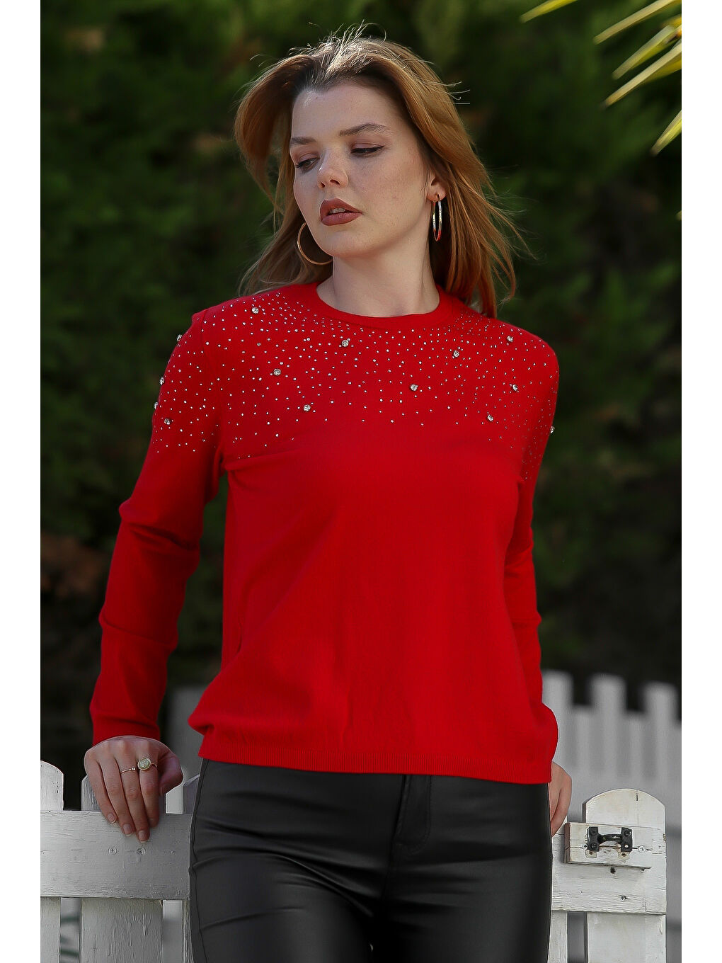 Kırmızı Yuvarlak Yaka Uzun Kol Taşlı Troklu Casual Triko Kazak 65 60-1