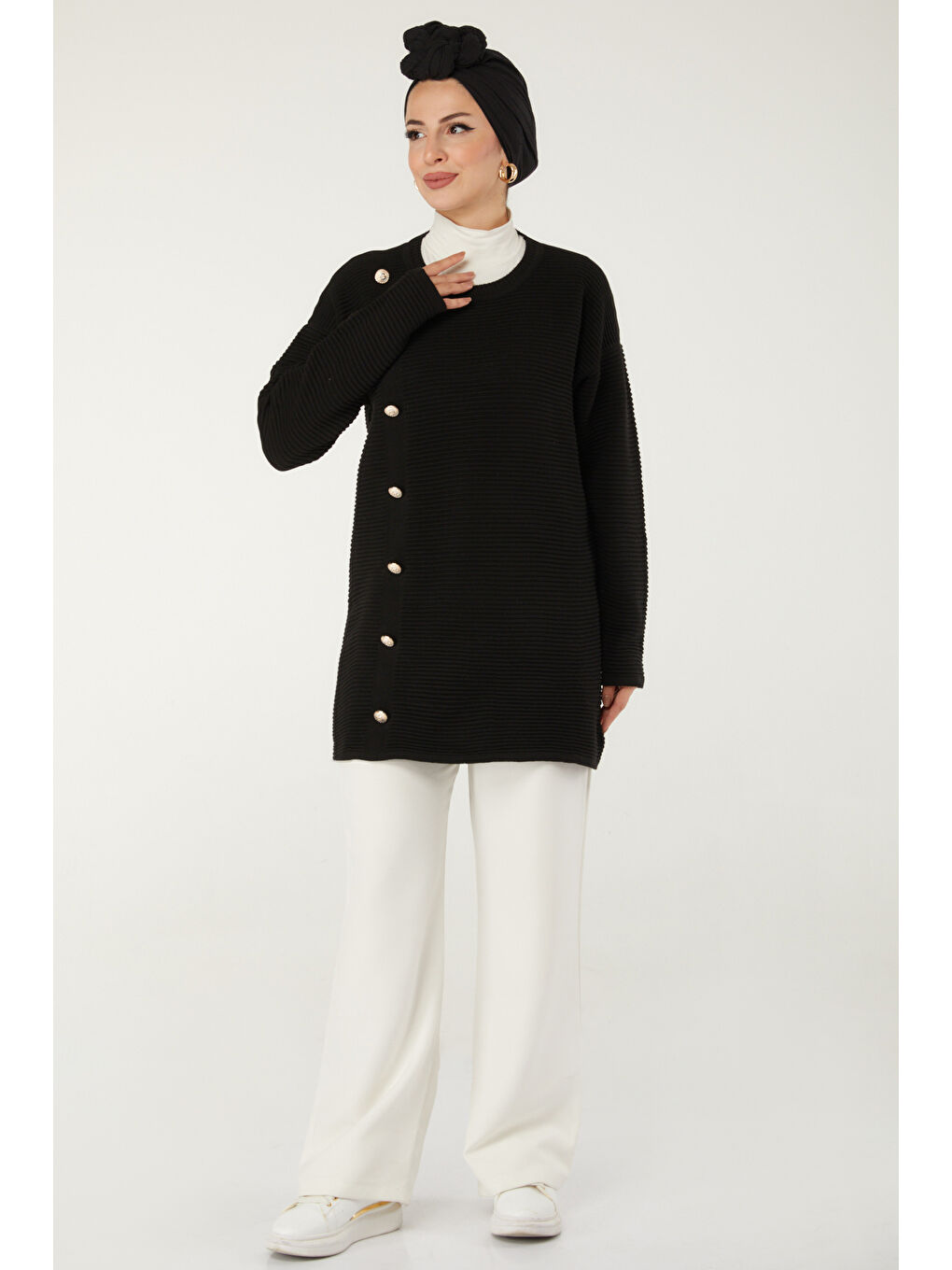 Fitilli Düğmeli Triko Kazak Siyah - 27636-2