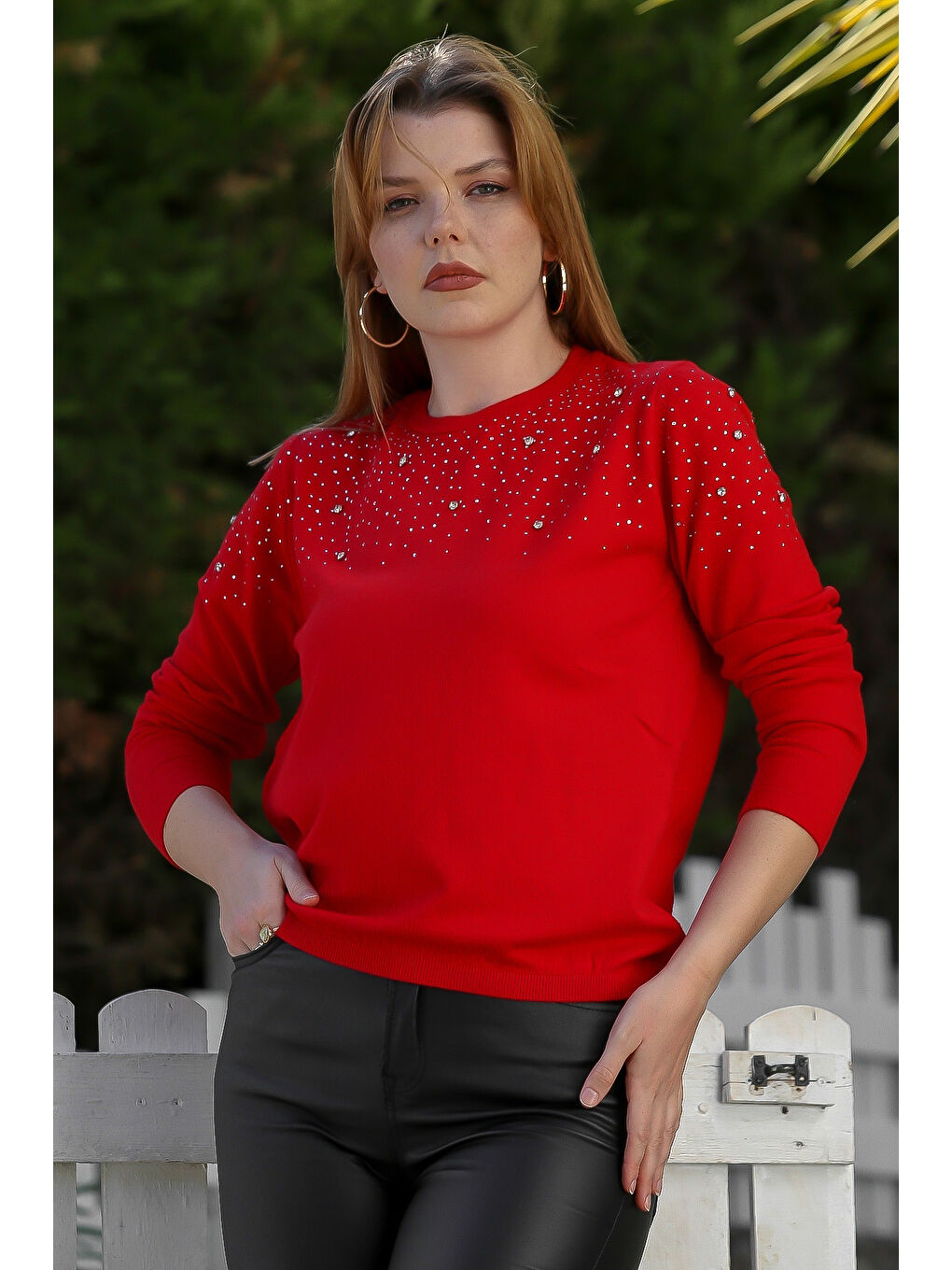 Kırmızı Yuvarlak Yaka Uzun Kol Taşlı Troklu Casual Triko Kazak 65 60-3