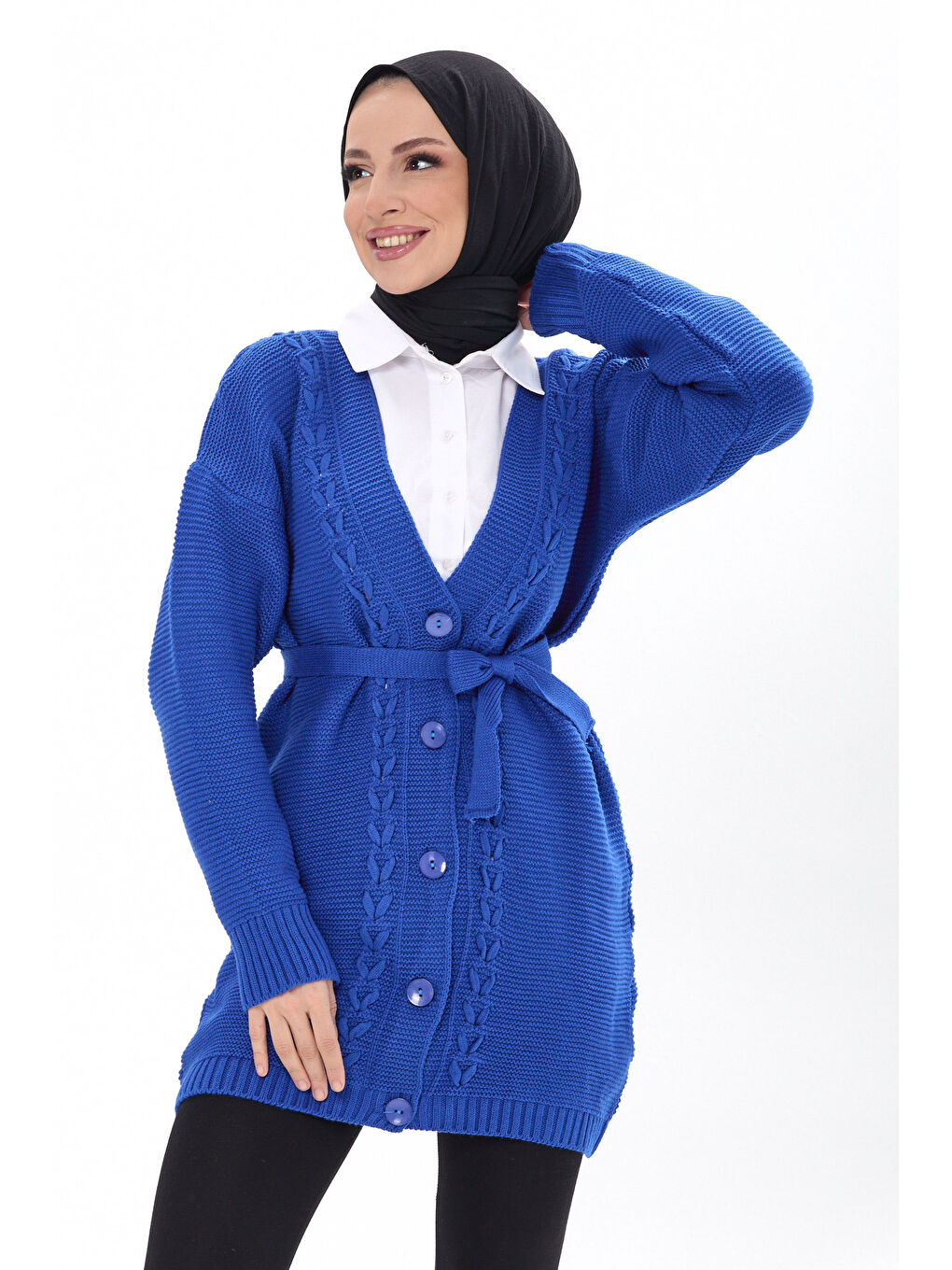 Mavi Kuşaklı Örgü Detaylı Triko Hırka Saks - 27652-1