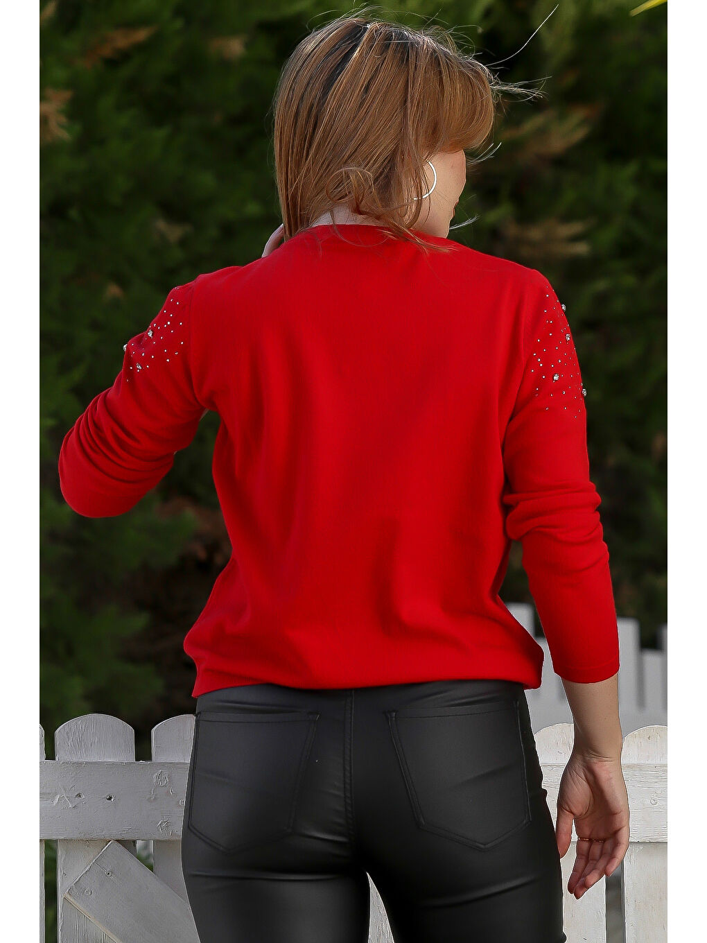 Kırmızı Yuvarlak Yaka Uzun Kol Taşlı Troklu Casual Triko Kazak 65 60-5