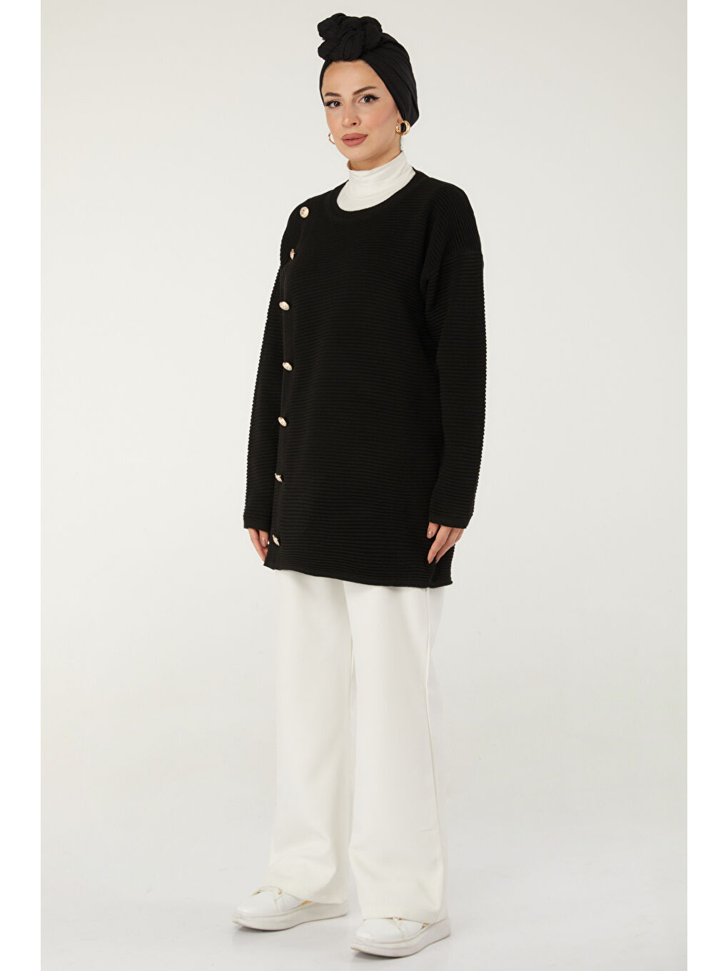 Fitilli Düğmeli Triko Kazak Siyah - 27636-3