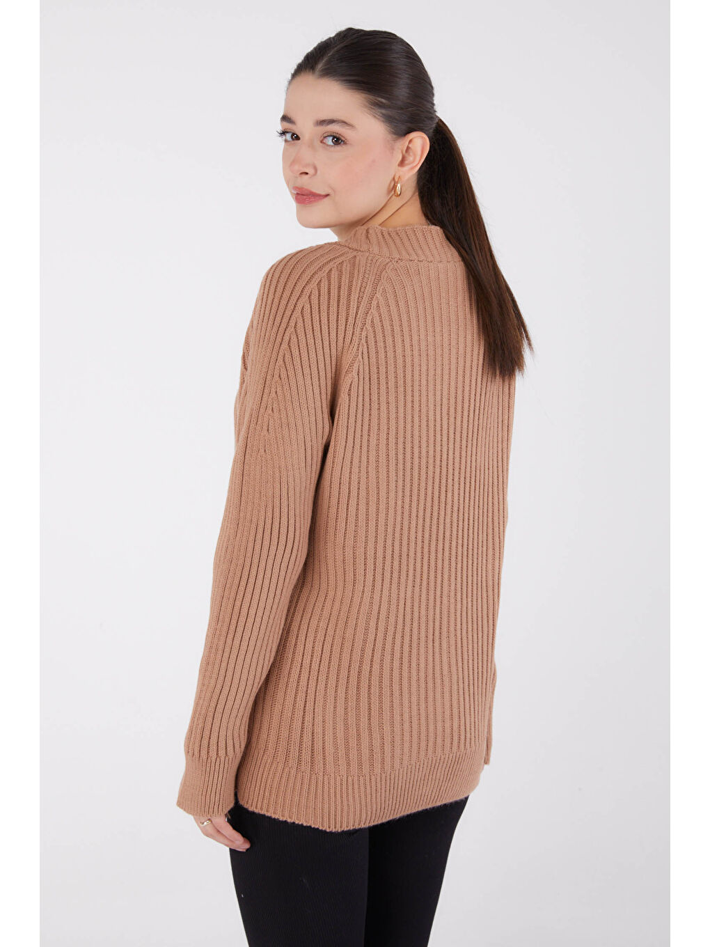 Bej Düğmeli Fitilli Triko Hırka Vizon - 27665-4