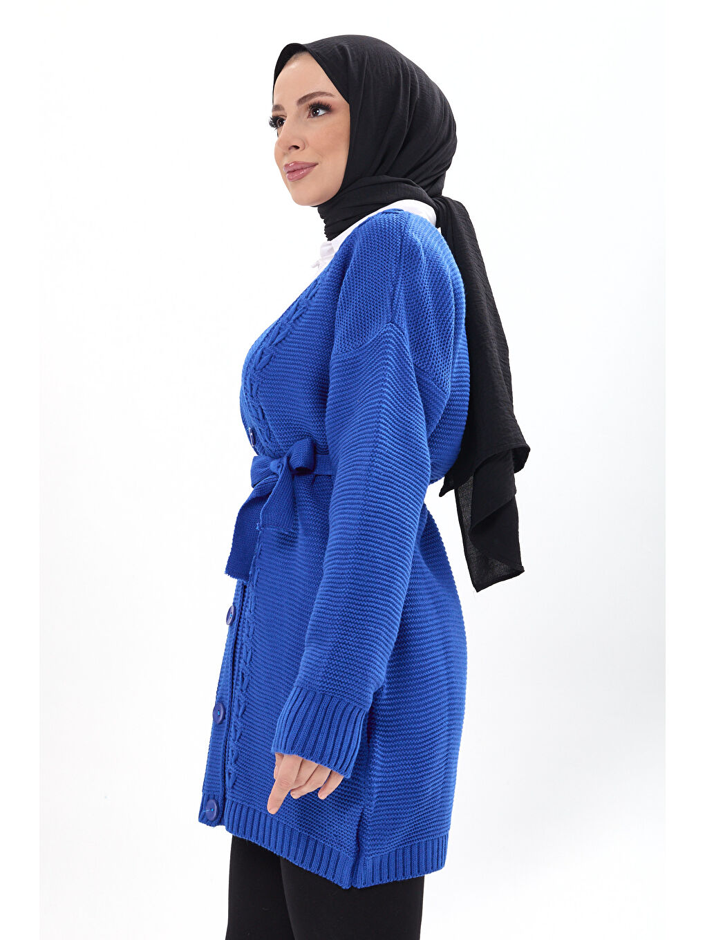 Mavi Kuşaklı Örgü Detaylı Triko Hırka Saks - 27652-2