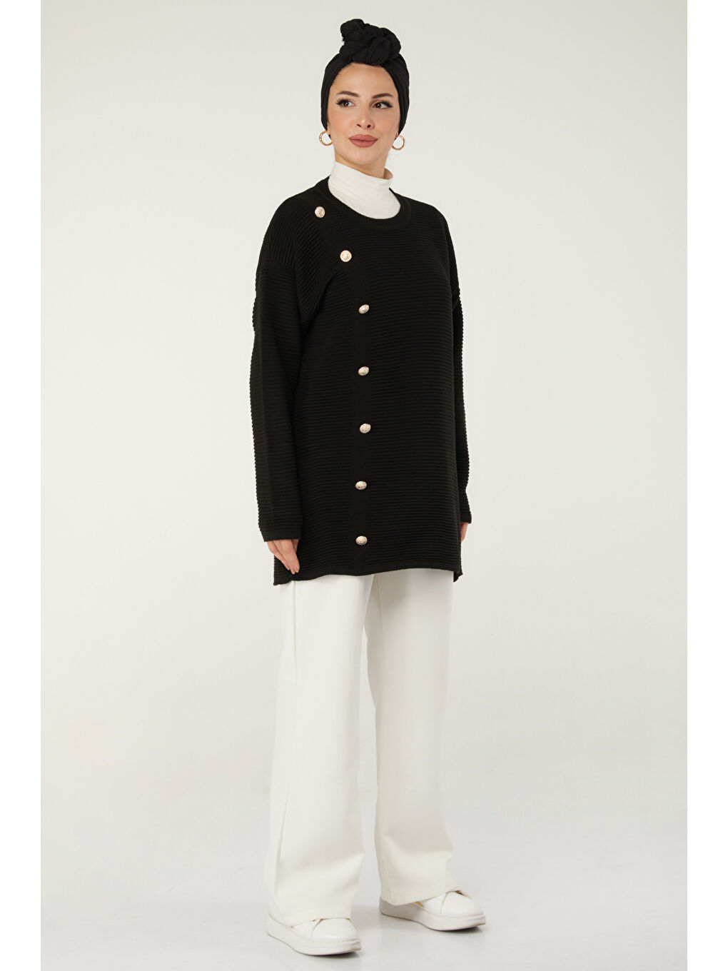 Fitilli Düğmeli Triko Kazak Siyah - 27636-4