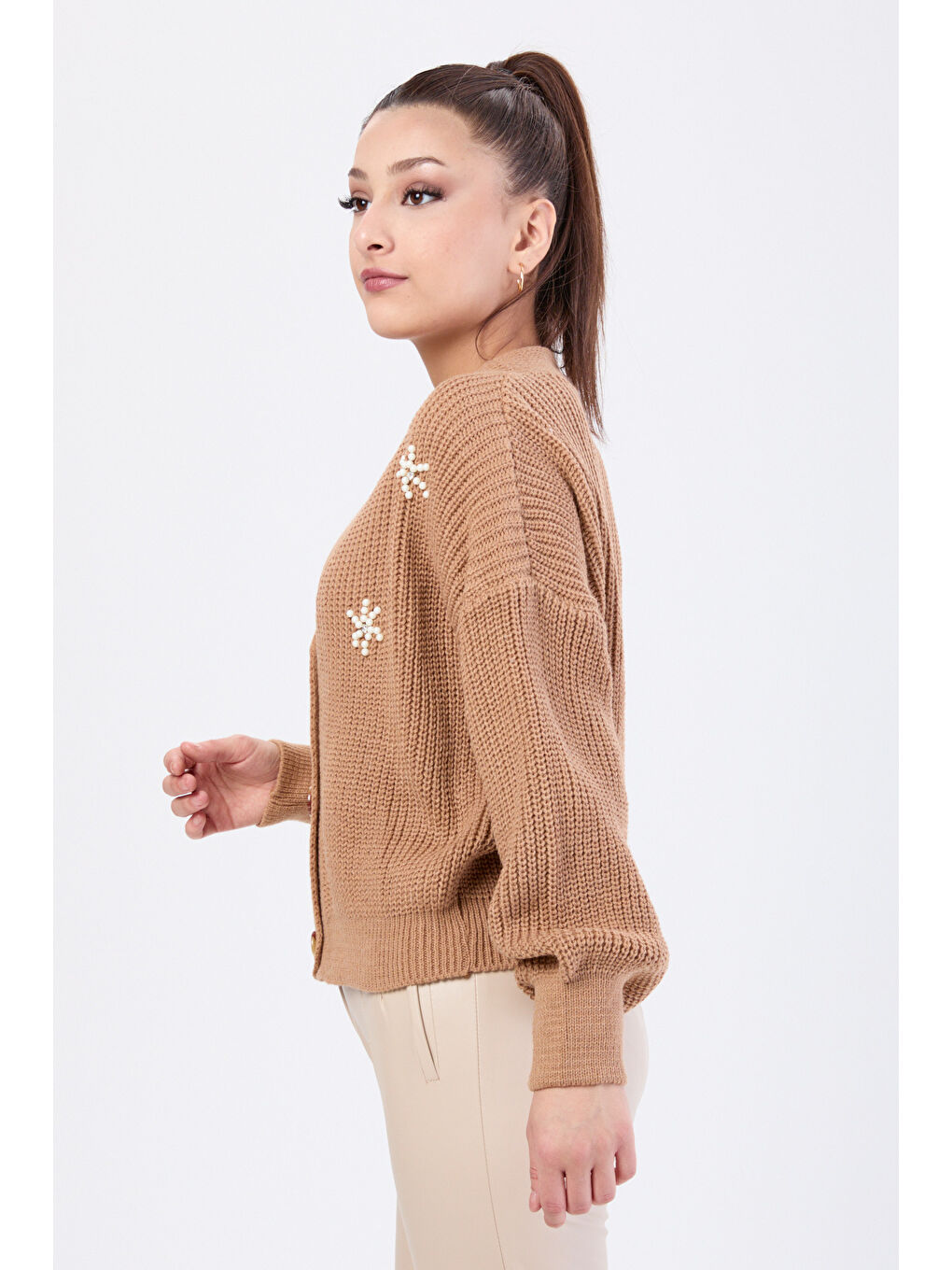 Bej İncili Düğmeli Triko Hırka Vizon - 27641-2