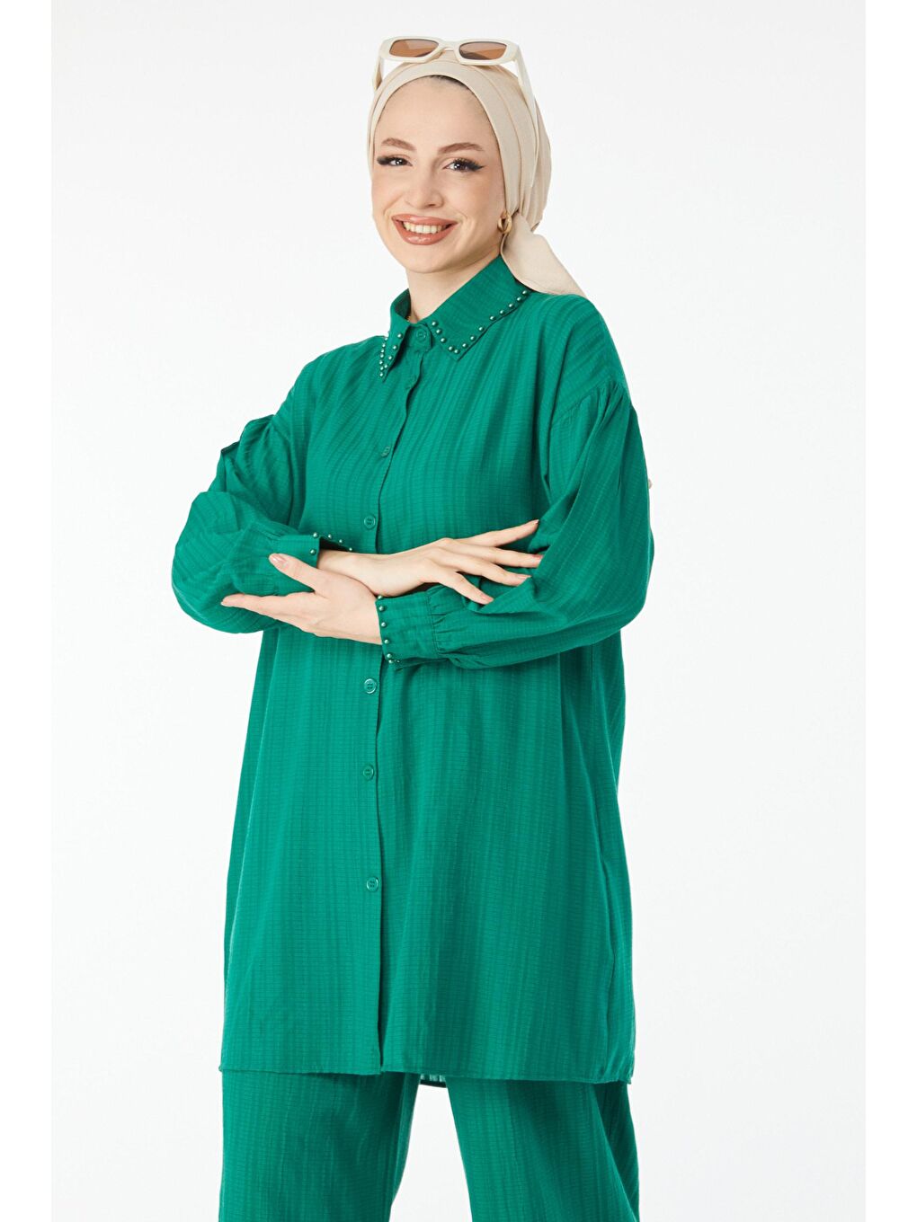 Gömlek Yaka Kadın Yeşil Boncuk Detaylı İkili Takım - 24505-3