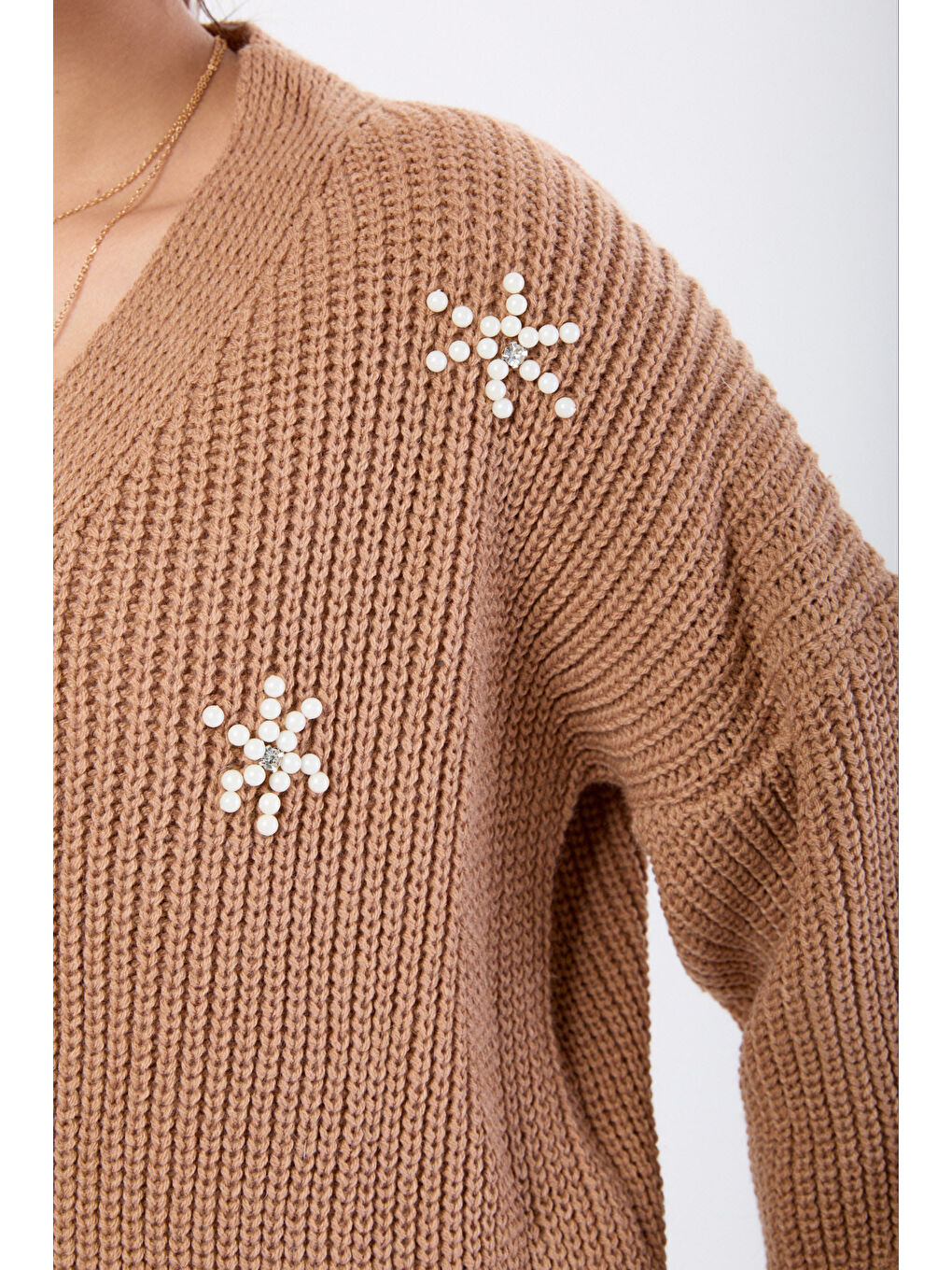 Bej İncili Düğmeli Triko Hırka Vizon - 27641-3