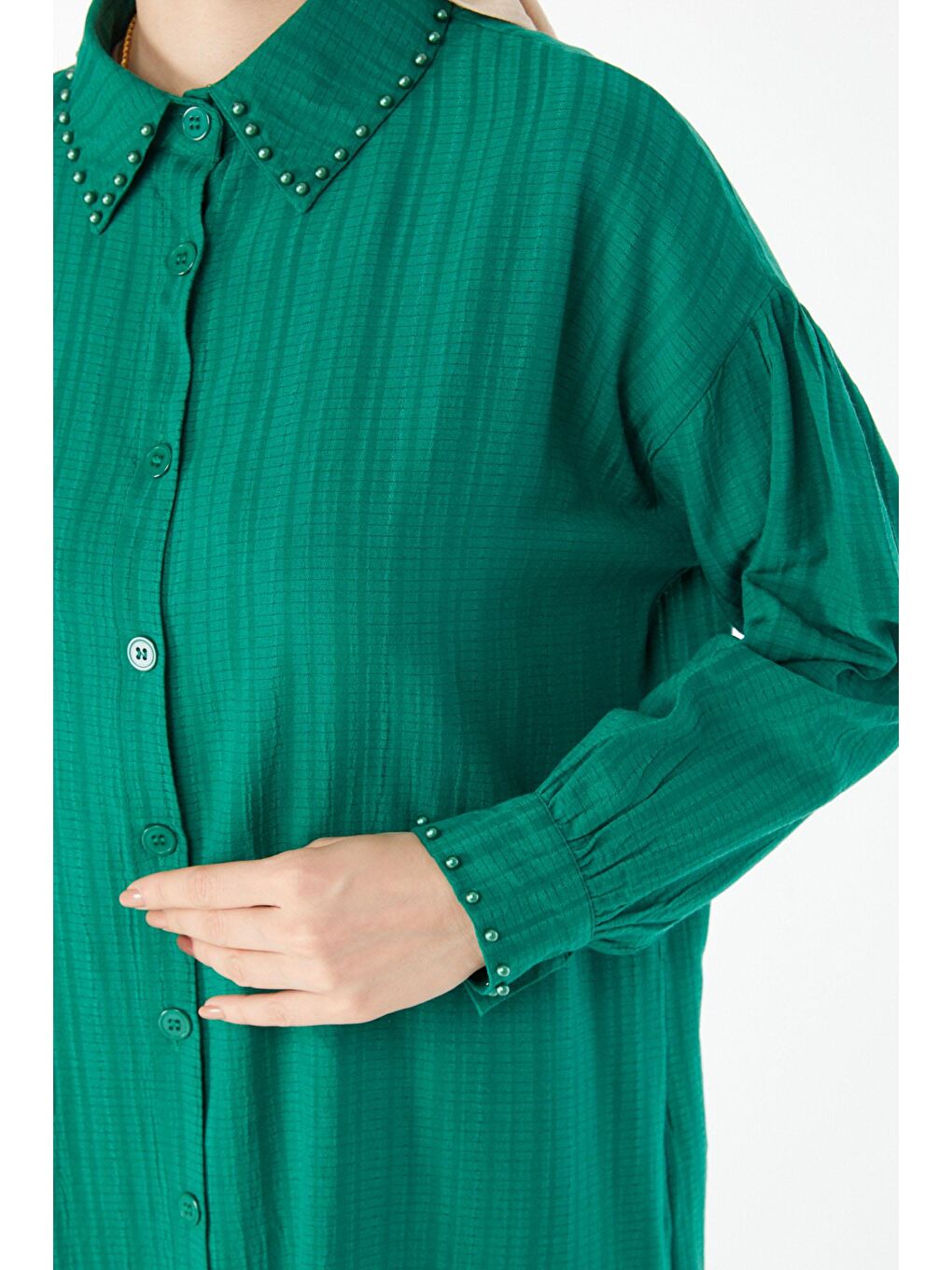 Gömlek Yaka Kadın Yeşil Boncuk Detaylı İkili Takım - 24505-4