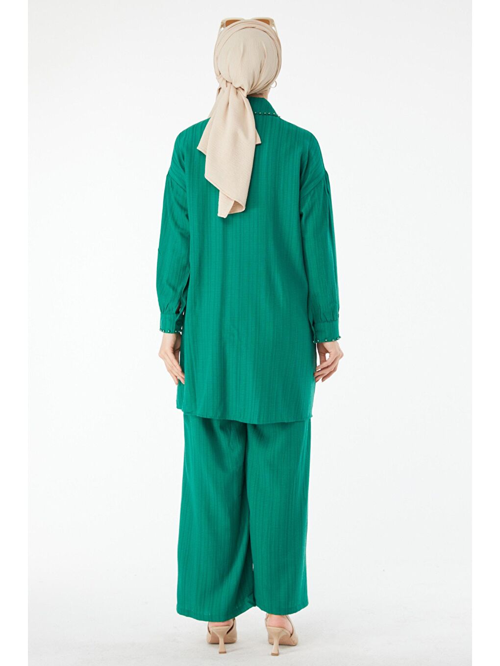 Gömlek Yaka Kadın Yeşil Boncuk Detaylı İkili Takım - 24505-5