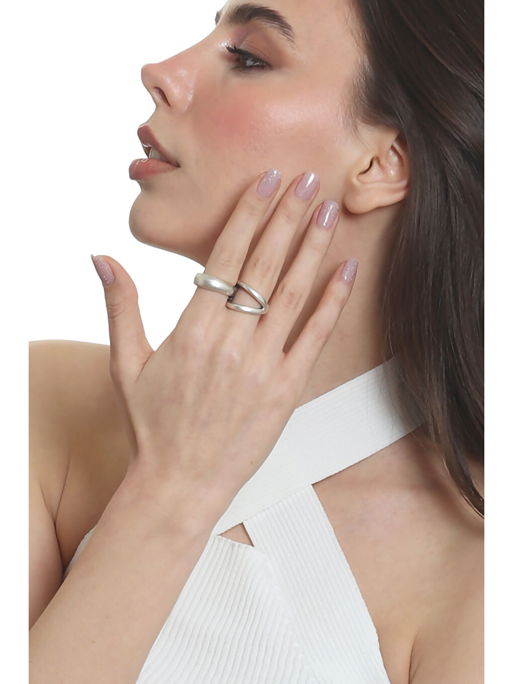 Gri Kadın İki Parmak Tasarım Yüzük-6