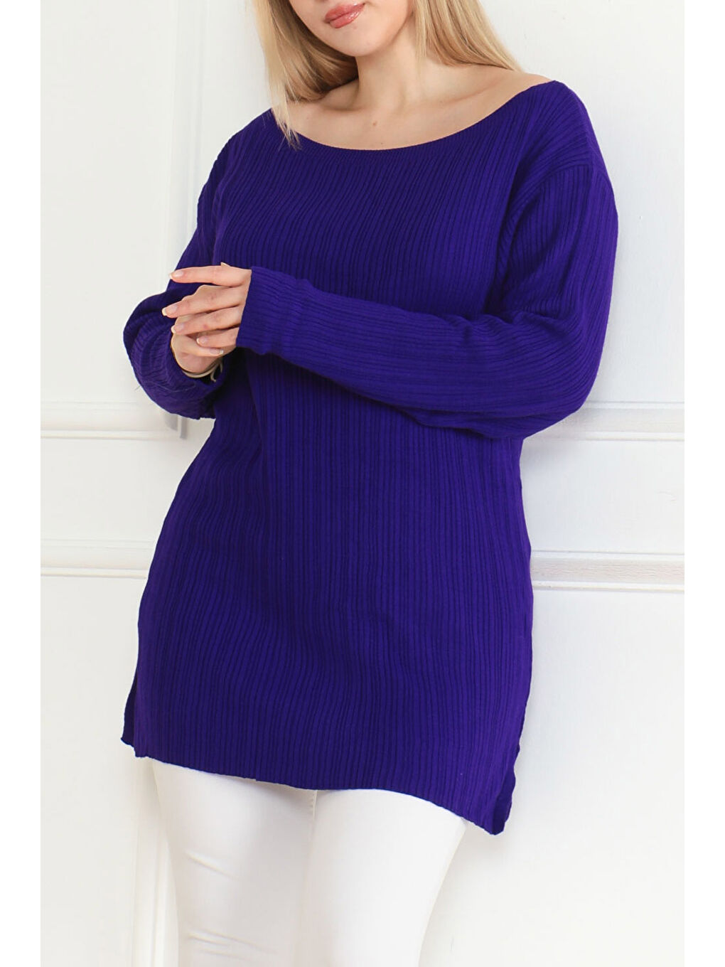 Fitilli Açık Yaka Triko Kazak Mor - 27663